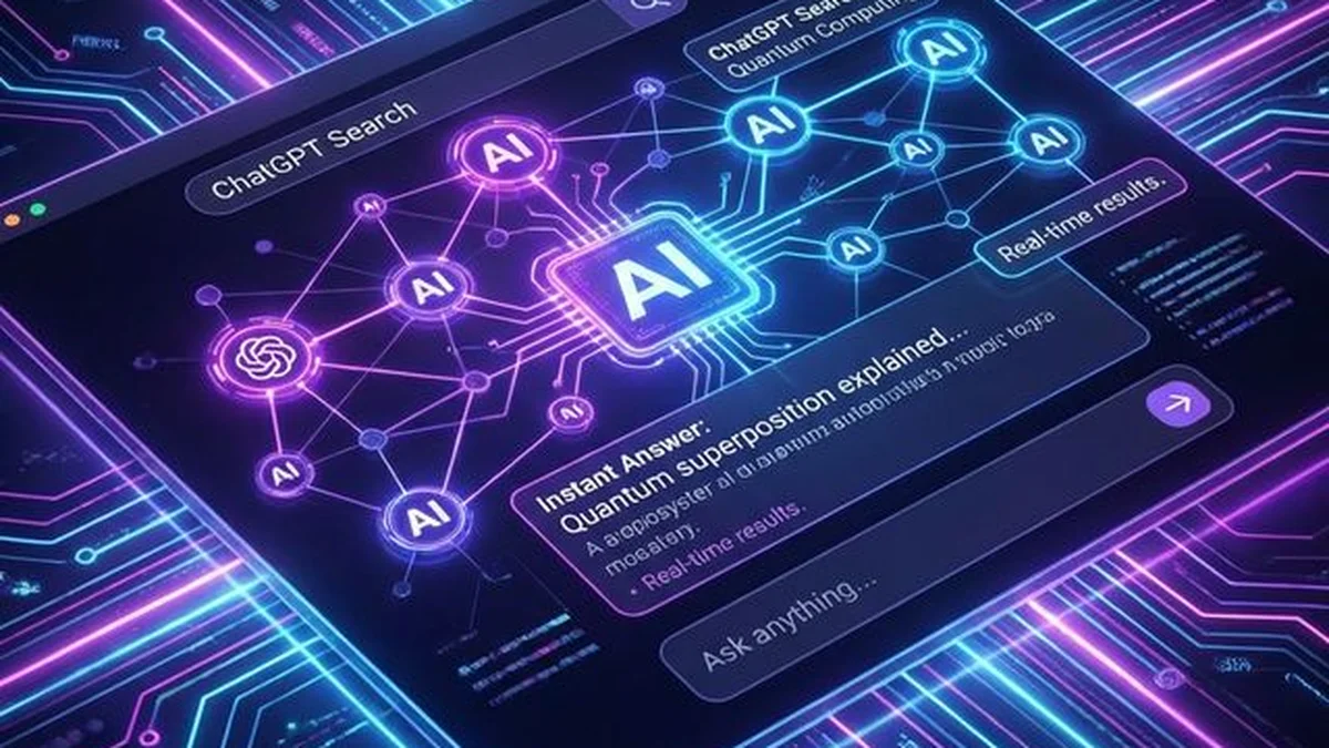 Ilustración tecnológica de un ecosistema de IA estructurando respuestas para ChatGPT Search y Bing